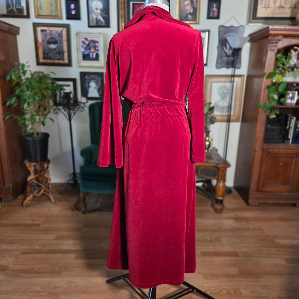 Vintage 80s Diamond Tea Red Velvet Robe Ruffle Collar‎ Long Dress Gown Robe